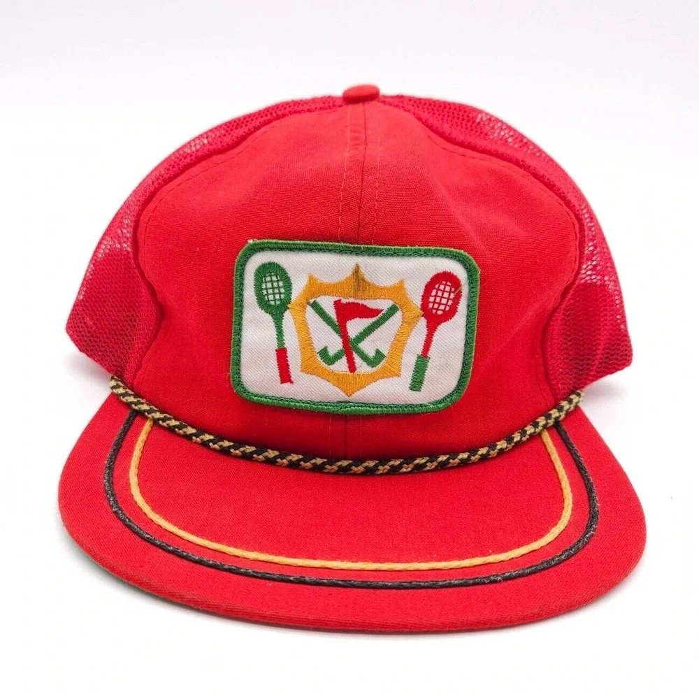 Vintage Country Club Tennis Golf Rope Snapback Mesh‎ Trucker Hat Patch Cap Red